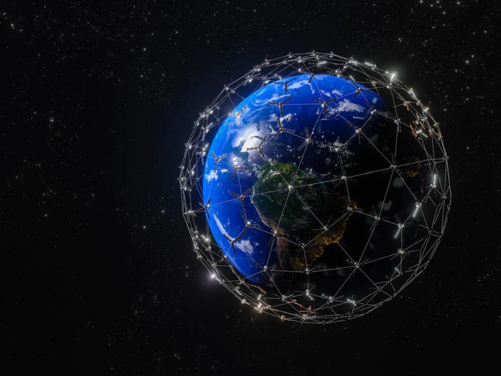Global network of satellites around globe