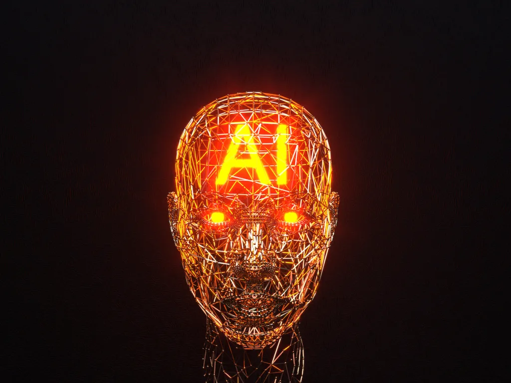 Ai cloud with robot head, orange head with black background